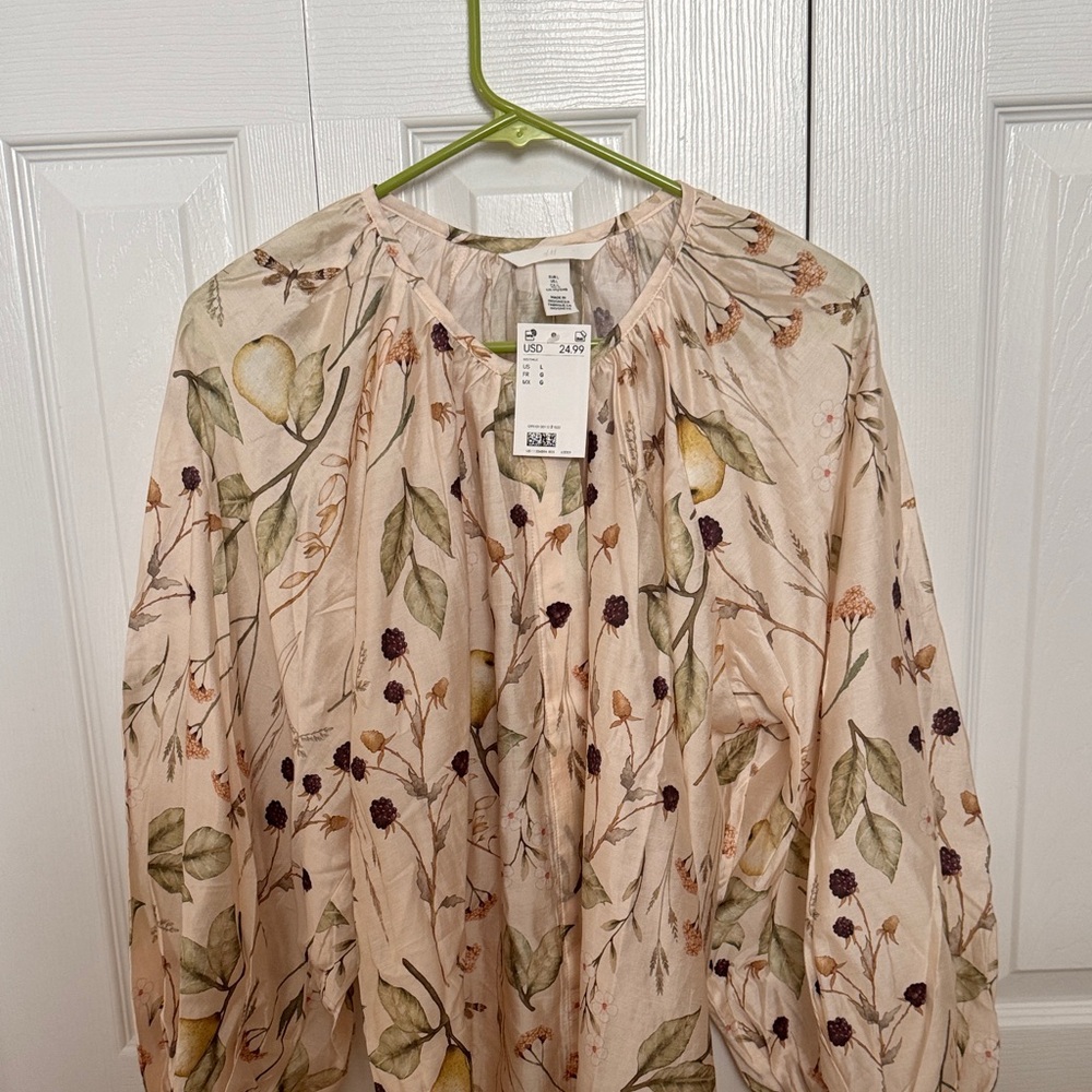 H&M Cream and Green Floral Top
